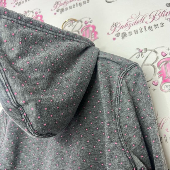 Roxy pink polka dotted grey zip up sweater embroidered logo black distressed y2k - Picture 8 of 10